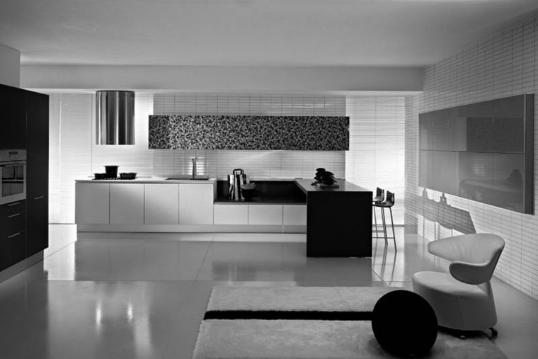 cuisine noir et blanc design aménagement fauteuil tapis de sol mobilier bois hotte aspirante
