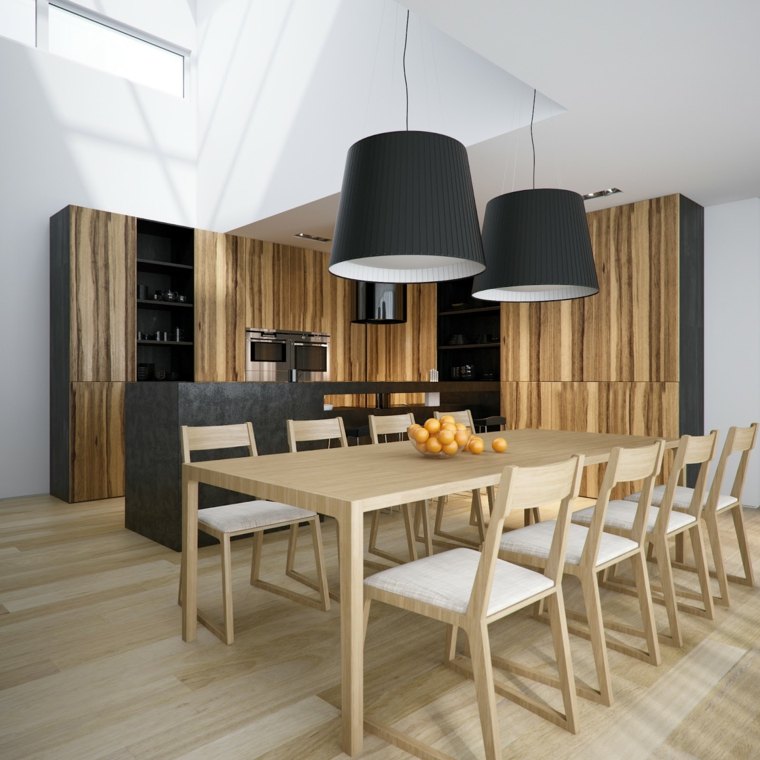 cuisine noire design bois déco plante luminaire suspension chaise table en bois design mobilier déco