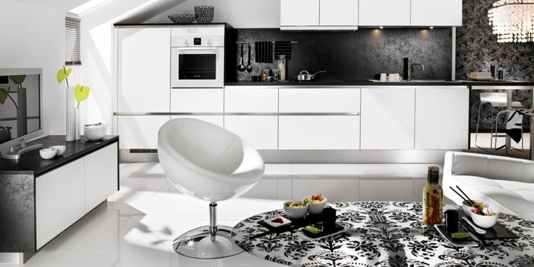 cuisine blanche bois design idée aménagement fauteuil déco tapis noir et blanc