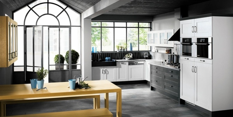cuisine blanche noire grise design table en bois mobilier bois design