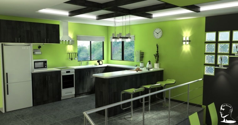 cuisine verte design îlot central idée luminaire suspension mur vert carrelage gris