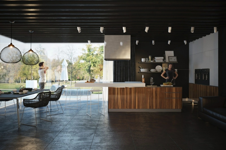 cuisine design moderne aménagement idée luminaire suspension ilot central bois 