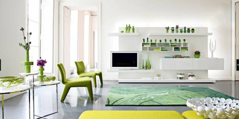 déco salon intérieur moderne tapis de sol vert fauteuil étagères meuble tv 