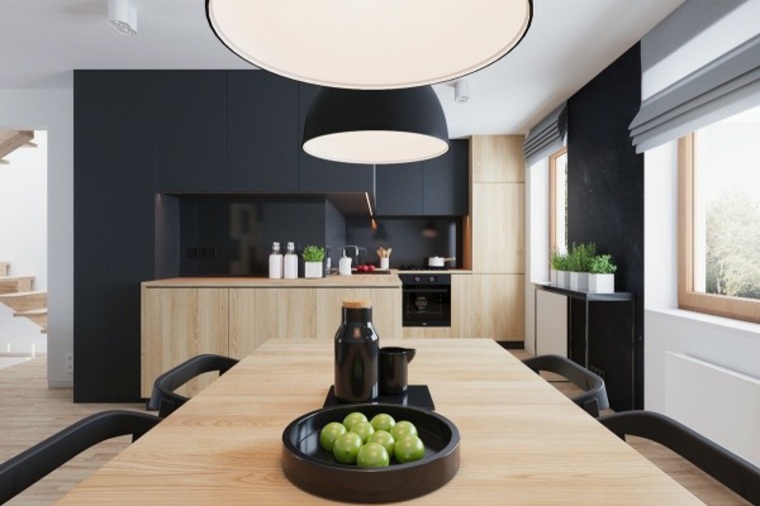 salle à manger design ouverte moderne table en bois éclairage luminaire suspension design 