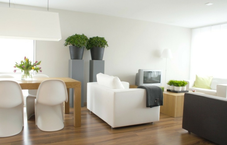 matériaux verts idée aménagement salon intérieur canapé blanc coussin table en bois