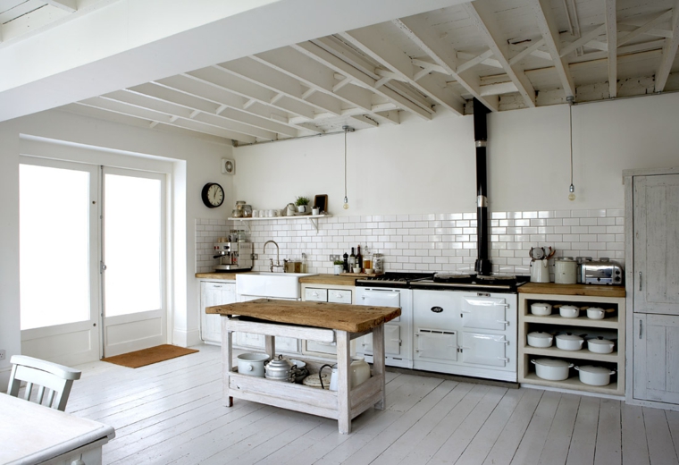 cuisine petit îlot central design scandinave bois carrelage mural blanc