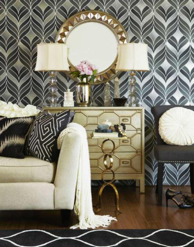 style Art déco idée salon miroir mur rond lampe fauteuil tapis de sol noir 