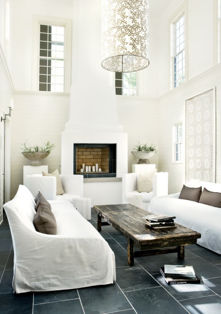 intérieur salon moderne canapé blanc table en bois rustique luminaire carrelage cheminée 