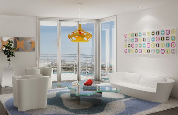 designer d'intérieur connu moderne design salon canapé blanc coussin tapis de sol luminaire suspension 