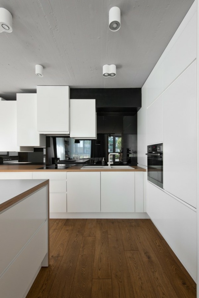 loft contemporain design cuisine blanche bois moderne parquet bois