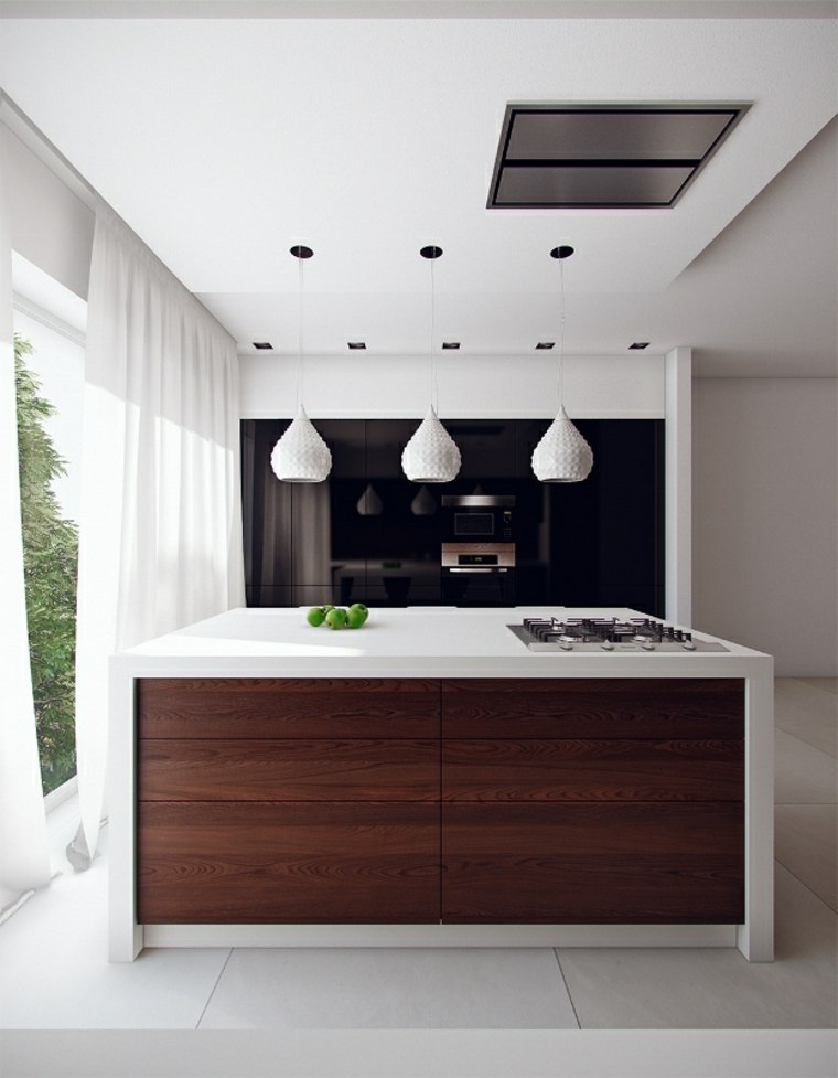 cuisine noir et bois design mobilier noir bois design îlot central suspension éclairage blanc déco 