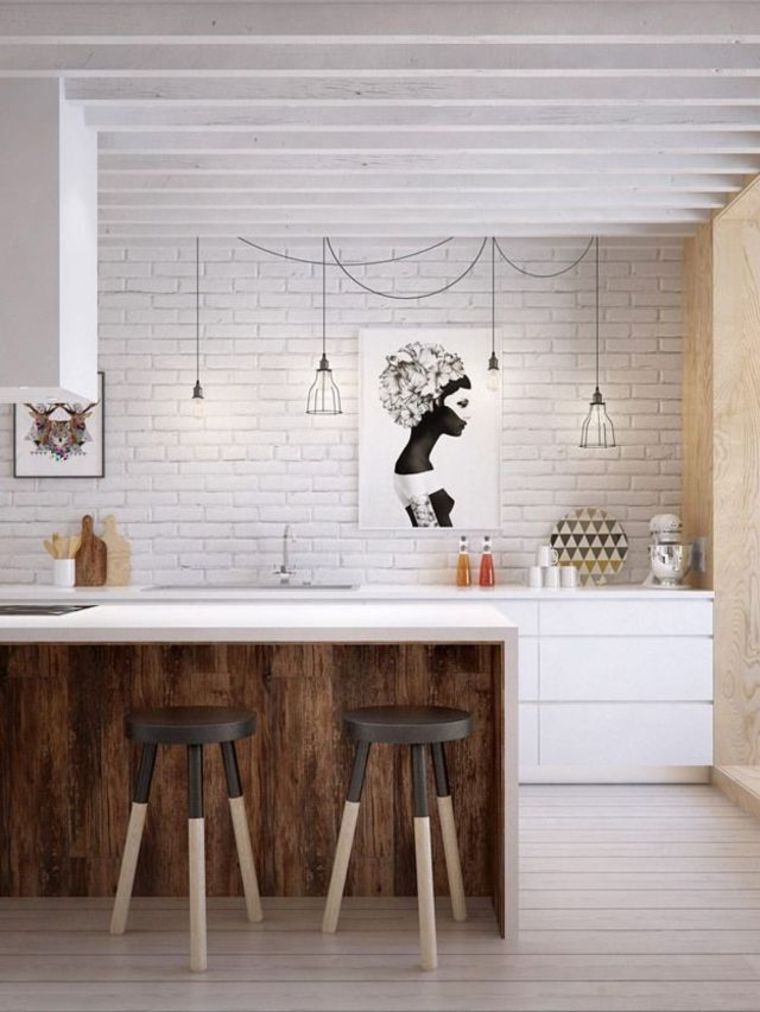 intérieur design moderne bar bois déco tabouret mur briques luminaire suspension