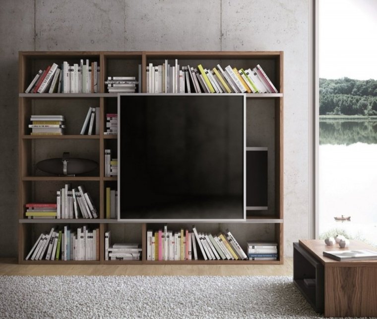 meuble tv bibliothèque bois design aménagement salon moderne télévision idée étagères 