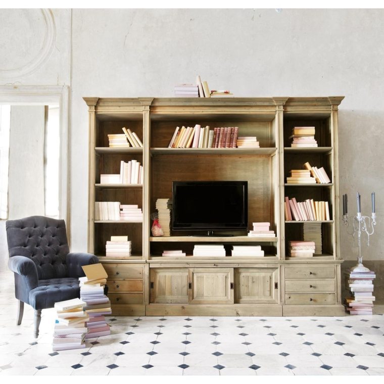 meuble tv bibliothèque bois massif design aménagement salon moderne fauteuil carrelage minimaliste moderne étagères bois maisons du monde