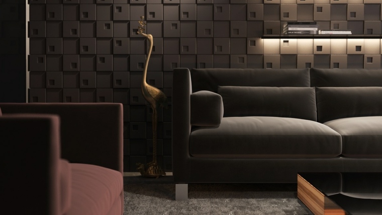 intérieur salon habiller un mur design moderne canapé noir déco coussins idées 
