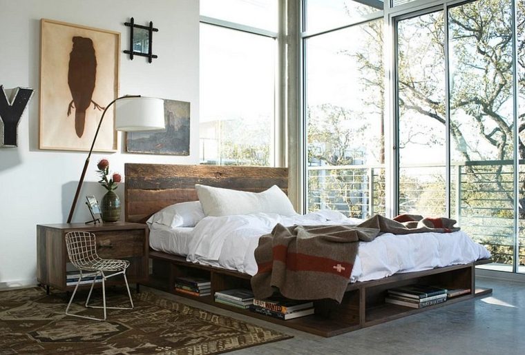 tête de lit bois design idée déco mur cadres aménagement tapis de sol 