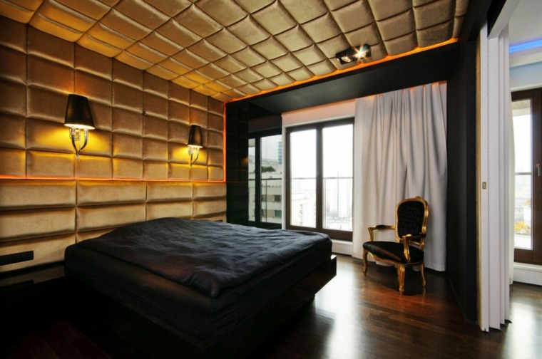 intérieur chambre à coucher moderne faux plafond matelassé design éclairage chambre à coucher fauteuil déco rideau blanc