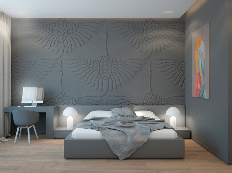salon papier peint tableau mur lit coussins idée aménagement chambre à coucher