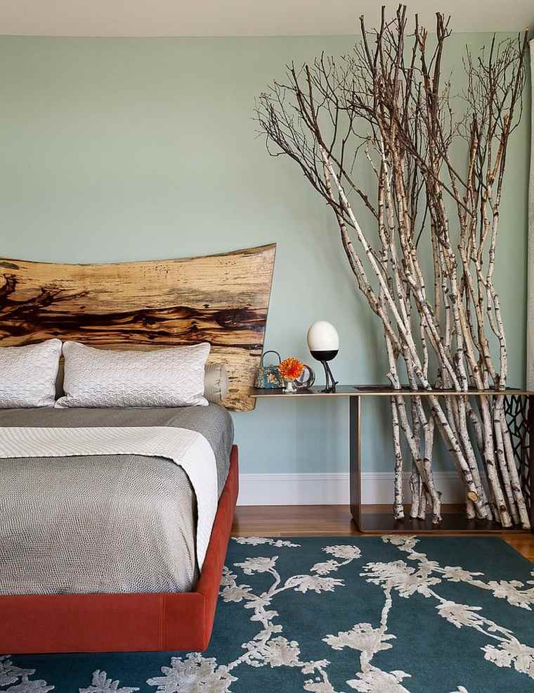 idée tête de lit bois design déco chambre tapis de sol bleu design