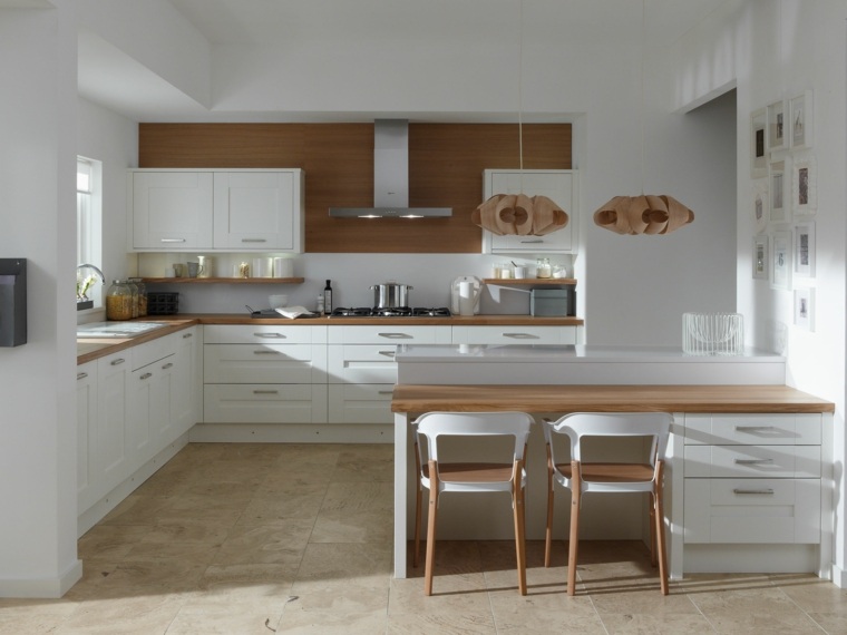 cuisine blanche bar bois design îlot semi-central moderne meuble bois blanc design idée 