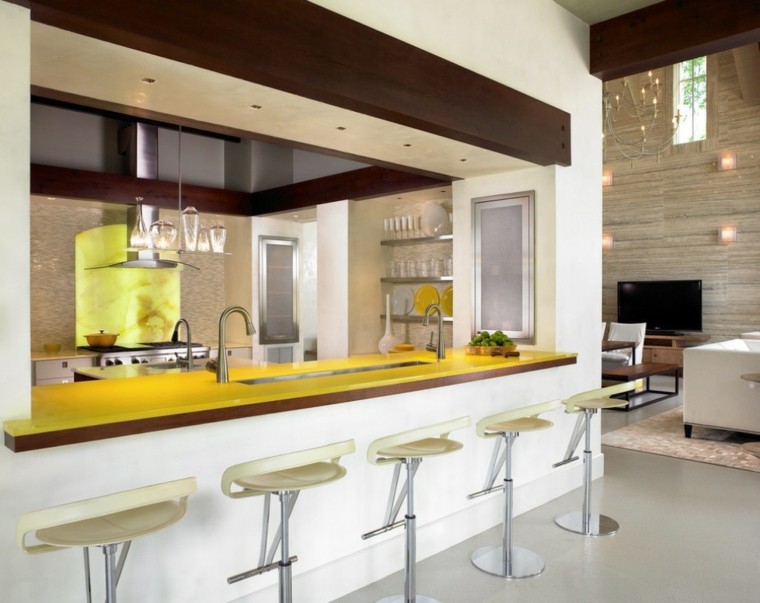 cuisine avec bar jaune design idée tabouret moderne aménagement déco luminaire
