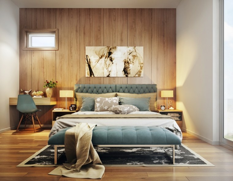 intérieur design moderne mur bois déco cadre tableau art abstrait tête de lit matelassée bureau en bois leu-khanh