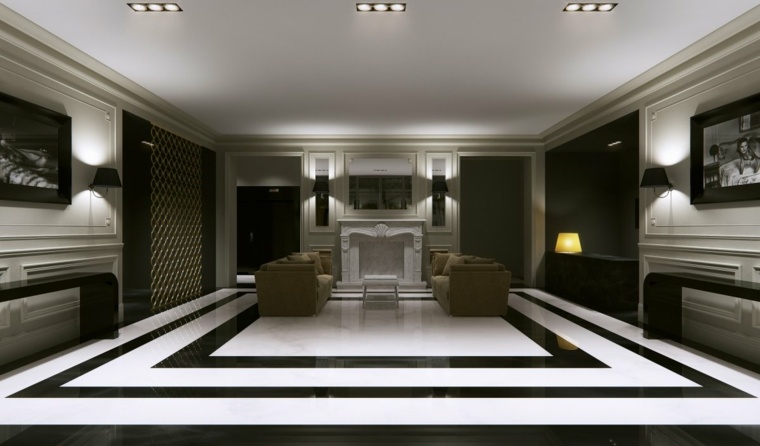 poser un faux plafond idée salon style minimaliste moderne canapé table basse carrelage noir et blanc 