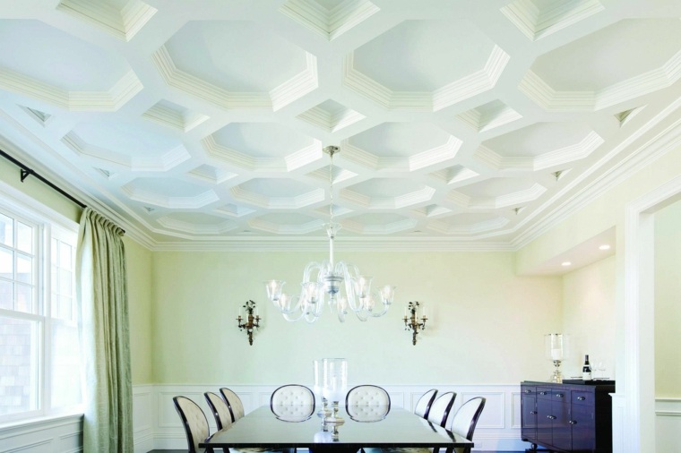 intérieur contemporain salle à manger faux plafond bois blanc design luminaire suspendu design chaise table à manger