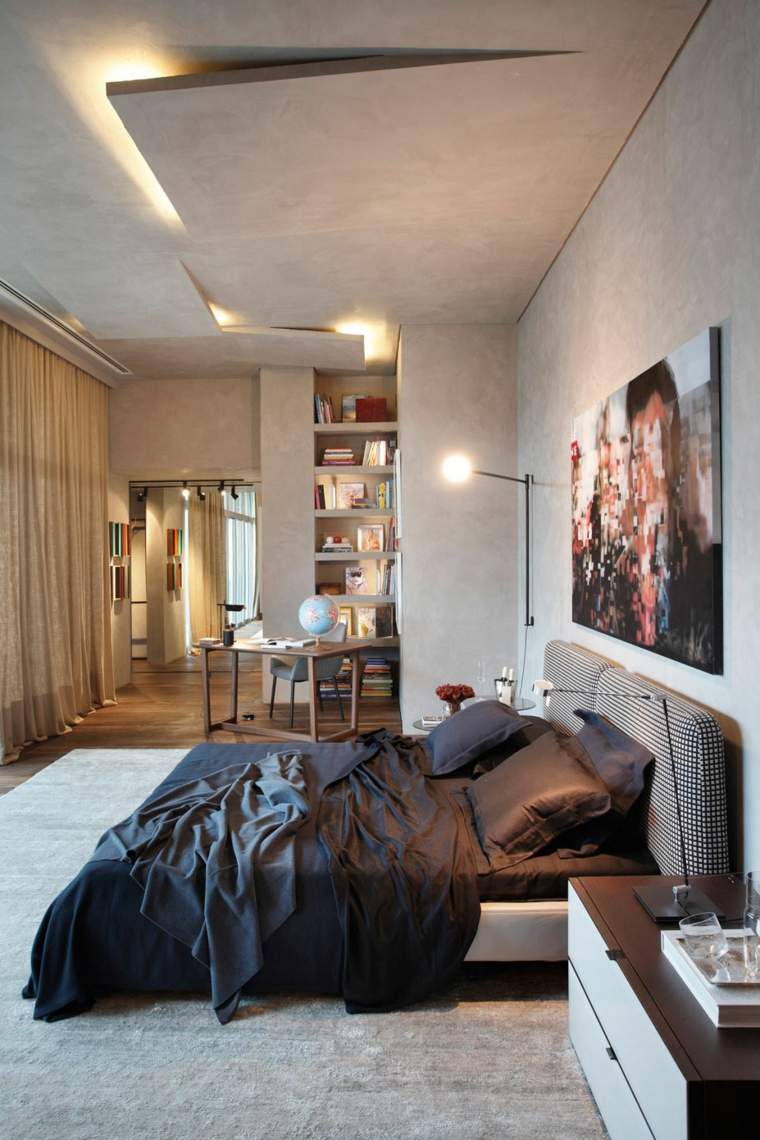 faux plafond design éclairage chambre à coucher déco murale idée tete de lit matelassée