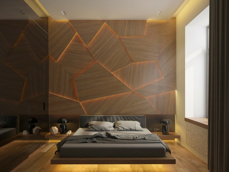 habillage mur bois éclairage design chambre à coucher intérieur aménagement 