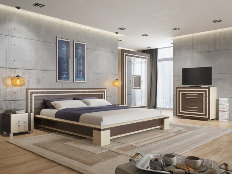mur intérieur design idée chambre lit déco mur tableau luminaire suspendu tapis de sol beige 