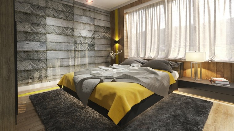 design intérieur mur déco moderne chambre à coucher tapis de sol marron rideaux -mitaka-dimov