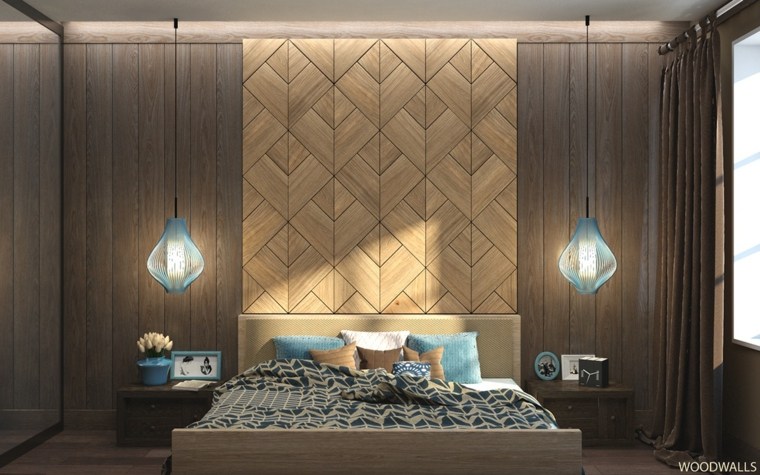 chambre à coucher moderne design bois luminaire suspension lit coussins ekaterina-toropova