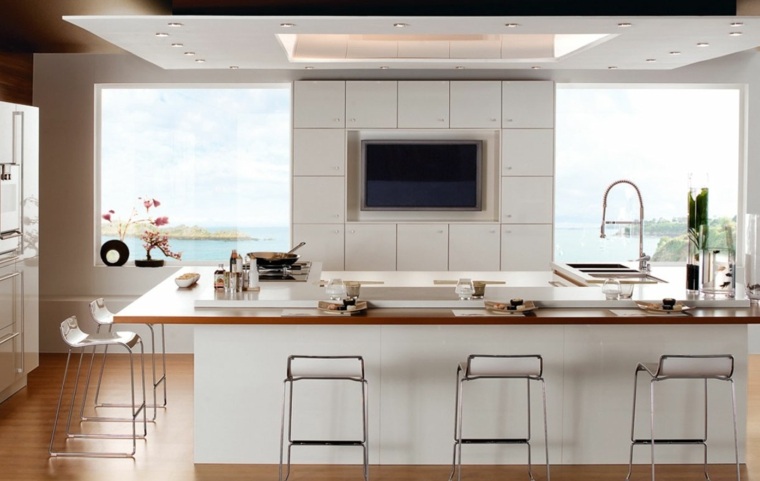 cuisine design moderne idée aménagement déco intérieur tabouret blanc meuble en bois blanc
