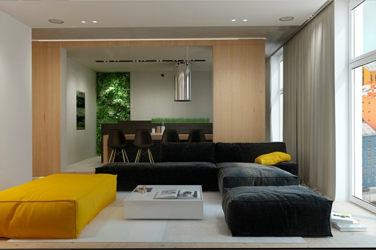 aménager son intérieur salon design idée pouf jaune noir canapé moderne salon luminaire suspension déco idée 