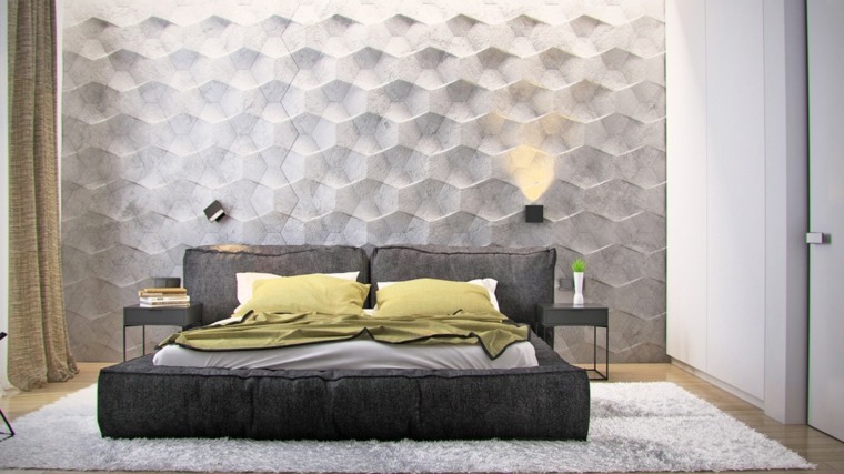 design d'intérieur moderne chambre à coucher mur texturé lit coussins aménagement table basse noire tapis de sol gris