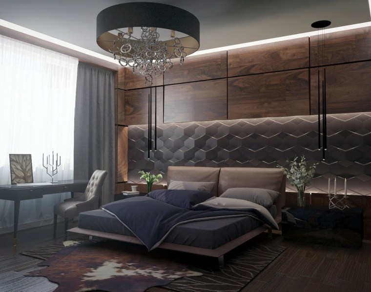 mur texturé design moderne idée coussins lit aménagement chambre à coucher tapis de sol luminaire bureau bois travail fauteuil cuir chaise 