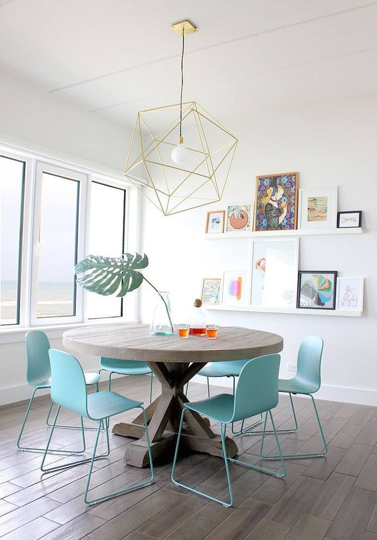 minimaliste intérieur design suspension métal moderne table en bois chaise bleue