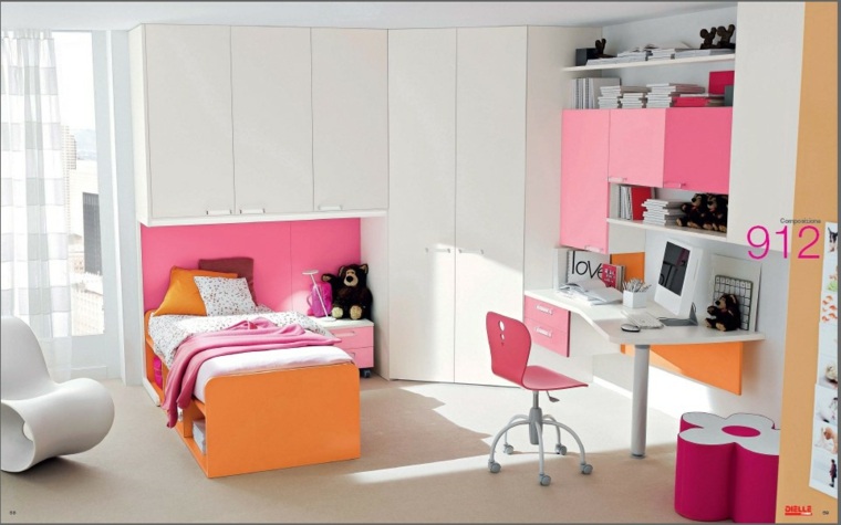 intérieur chambre fille design lit meuble chaise rose design bureau blanc déco moderne 