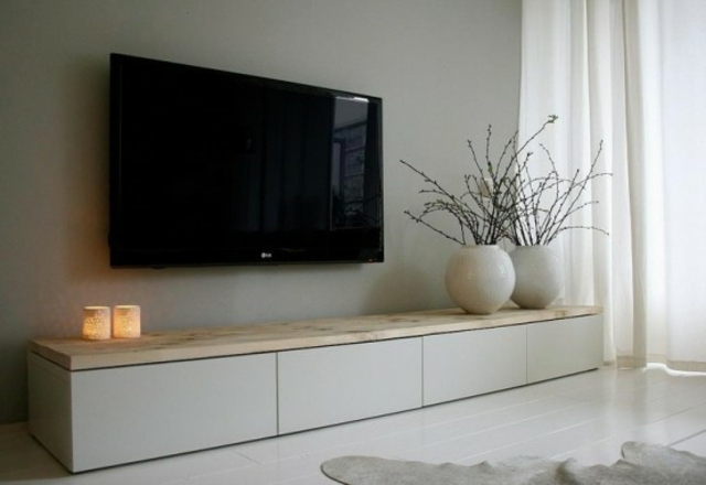 meuble ikea bois design rangement télé idée déco plante vase tapis de sol meuble bois bougies