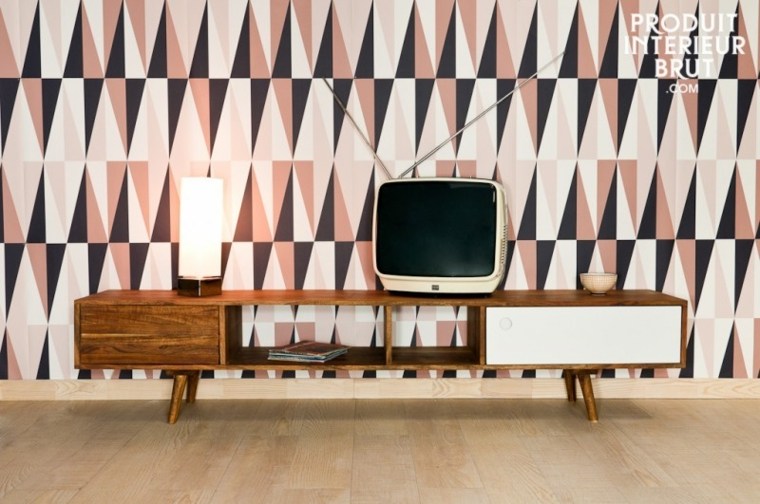 meuble TV design bois moderne papier peint salon idée télévison vintage moderne