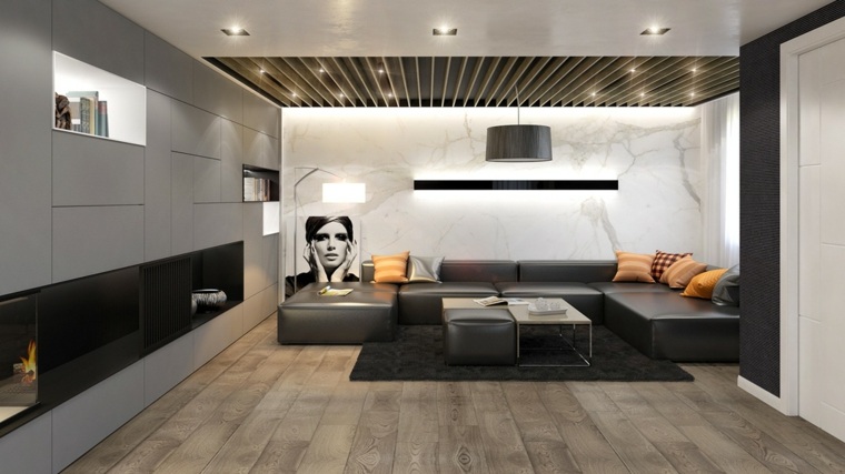 intérieur salon design canapé d'angle noir coussins déco cadre mur marbre meuble gain de place salon faux plafond
