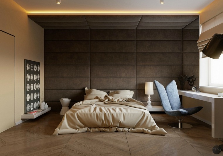 intérieur chambre habillage mur texturé design chambre à coucher fauteuil bureau bois travail 