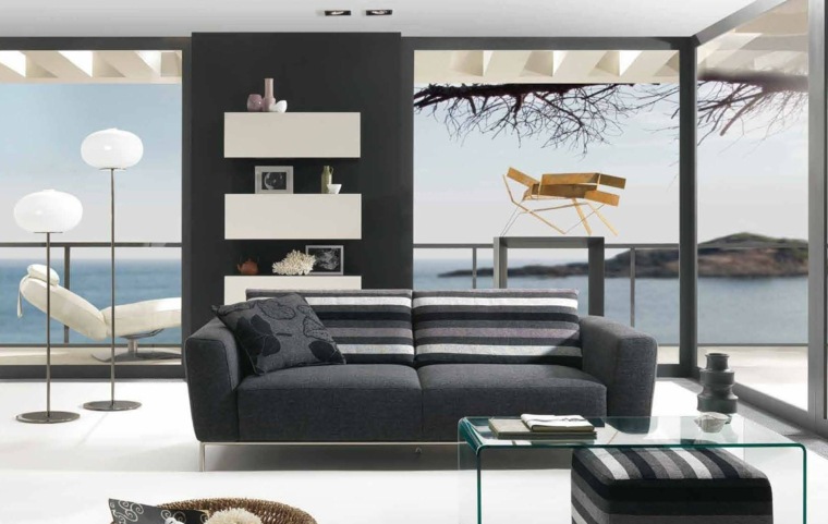 salon moderne design aménagement canapé gris coussins étagères blanche table berre