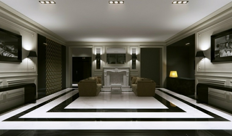 intérieur salon contemporain design canapé vert carrelage noir et blanc intérieur moderne déco photo