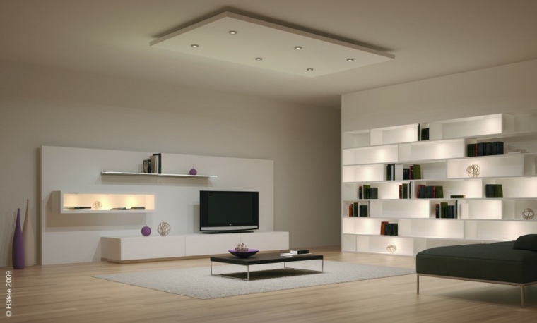 design salon aménagement moderne déco étagères tapis de sol blanc télé design