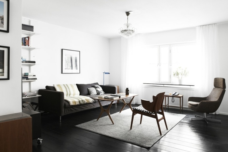 parquet noir bois design table chaise tapis de sol blanc déco mur cadre étagères 