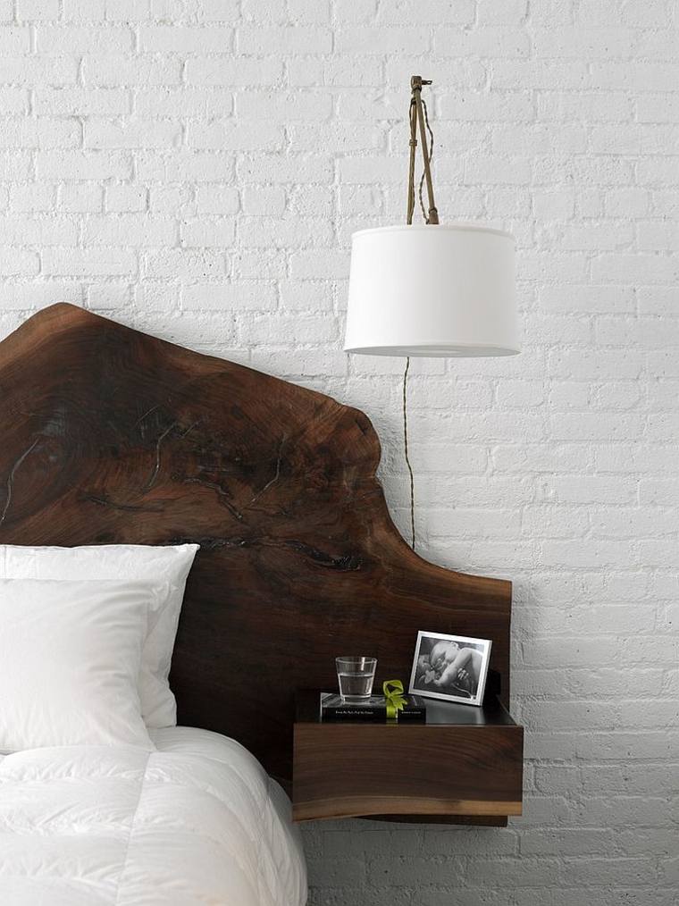 idée tête de lit design bois moderne luminaire suspension blanc lit déco chambre à coucher mur briques blanches