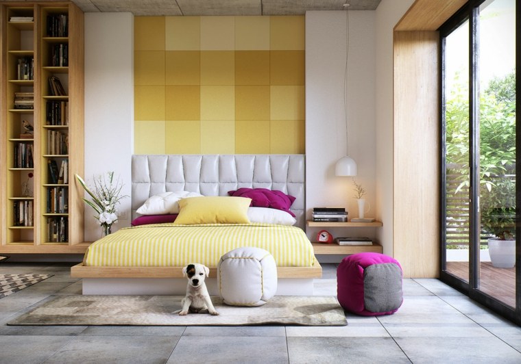 habillage mur texturé jaune design tête de lit matelassée pouf tapis de sol carrelage