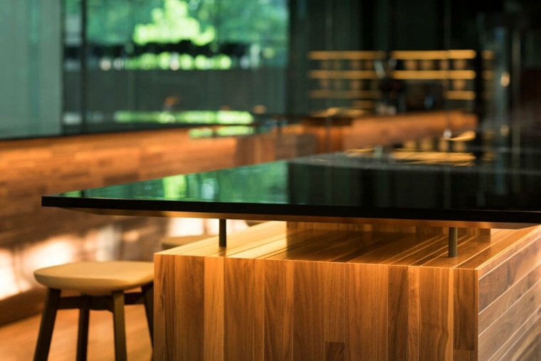 café moderne bois surfaces laquees